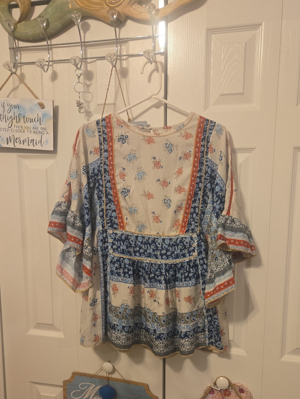 Boho Floral Patchwork Peasant Blouse - Cream & Blue